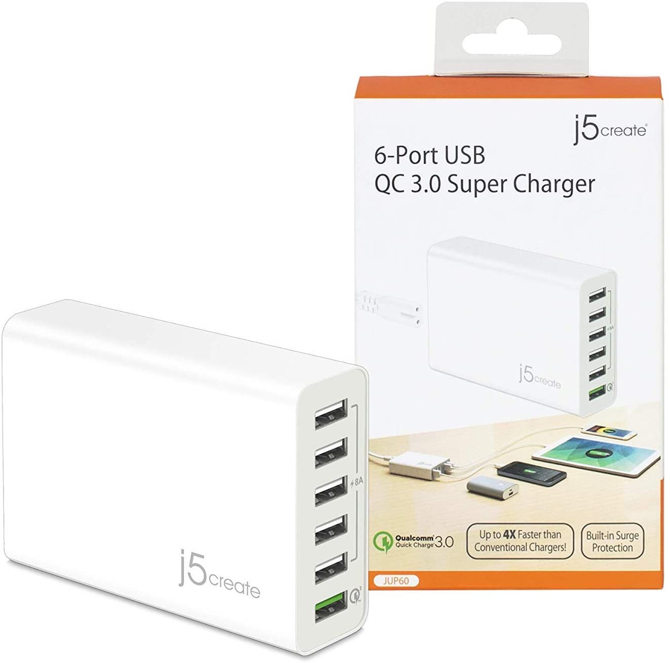 j5create USB Hub Powered Wall Charger- 6 Multi Port Charging Station for Multiple Devices | Quick Charge 3.0 USB Power Strip Desktop Charger Block Adapter for Office, Home or Travel