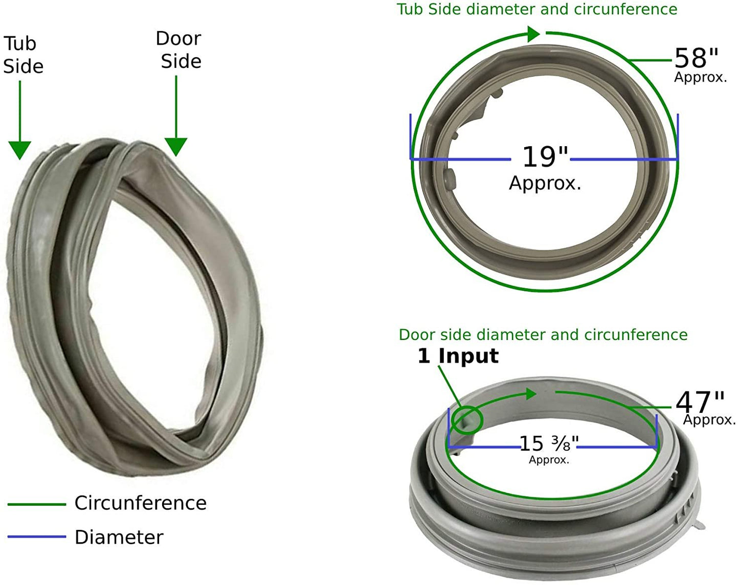 GlobPro WPW10381562 Washer Bellow Door Seal 15" length diameter Approx. Replacement for and compatible with Whirlpool Maytag Amana WPW10381562 Heavy DUTY
