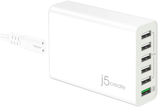 j5create USB Hub Powered Wall Charger- 6 Multi Port Charging Station for Multiple Devices | Quick Charge 3.0 USB Power Strip Desktop Charger Block Adapter for Office, Home or Travel