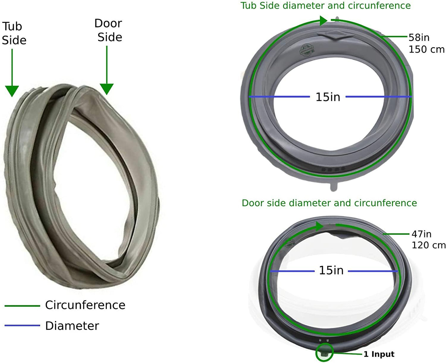 GlobPro PD00003049 AP6020669 PS11753988 EAP11753988 Washer Bellow Door Seal 15" length diameter Approx. Replacement for and compatible with Whirlpool Maytag Amana Heavy DUTY