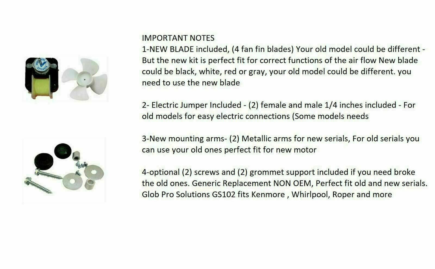 GlobPro 2160412 4389151 Fridge Evaporator Fan Motor Kit 7" ½ length Approx. Replacement for and compatible with Whirlpool KitchenAid Roper Kenmore Heavy DUTY