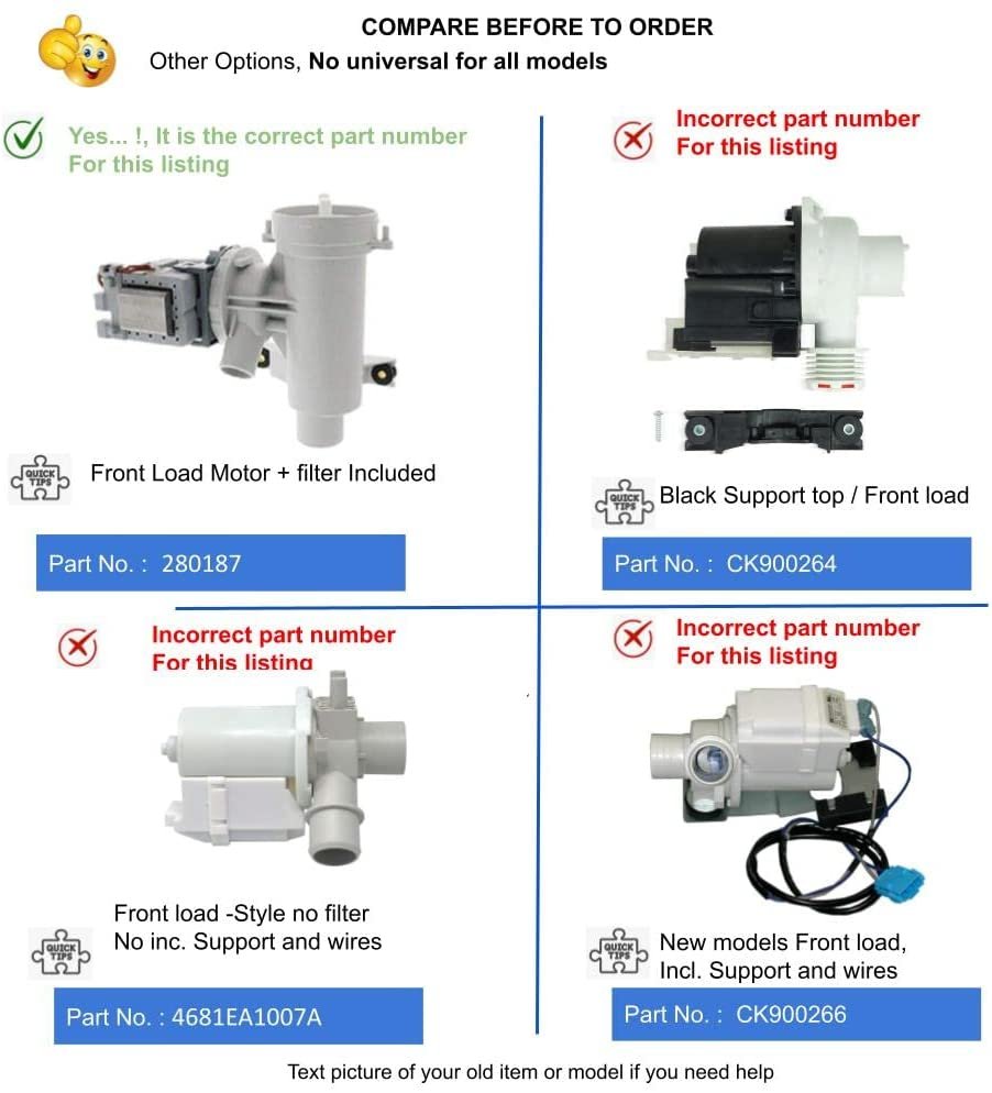 GlobPro PD00002352 AP3953640 PS1485610 EAP1485610 Washer Drain Pump 11" length Approx. Replacement for and compatible with Whirlpool Kenmore Maytag KitchenAid Heavy DUTY